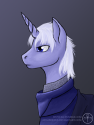 Size: 900x1200 | Tagged: safe, artist:adalbertus, oc, oc only, pony, unicorn, bust, clothes, male, portrait, profile, solo, stallion, white mane