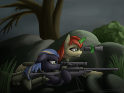 Size: 1600x1200 | Tagged: safe, artist:adalbertus, oc, oc only, oc:amber drop, oc:rain dancer, earth pony, pony, unicorn, fallout equestria, binoculars, clothes, duo, female, gun, levitation, lying down, magic, mare, prone, rifle, sniper rifle, telekinesis, weapon