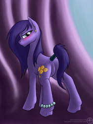 Size: 900x1200 | Tagged: safe, alternate version, artist:adalbertus, oc, oc:elderberry, earth pony, pony, butt, featureless crotch, female, jewelry, looking at you, looking back, looking back at you, mare, necklace, pearl necklace, plot, solo, tail, tail wrap