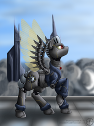 Size: 1200x1600 | Tagged: safe, artist:adalbertus, oc, oc only, oc:ruhig fortepiano, cyborg, pegasus, pony, robot, robot pony, bowtie, clothes, profile, raised hoof, solo, spread wings, suit, wings