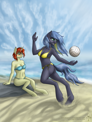 Size: 1200x1600 | Tagged: safe, artist:adalbertus, oc, oc only, oc:amber drop, oc:rain dancer, earth pony, unicorn, anthro, unguligrade anthro, bikini, blushing, breasts, cleavage, clothes, female, lesbian, sitting, sports, swimsuit, volleyball