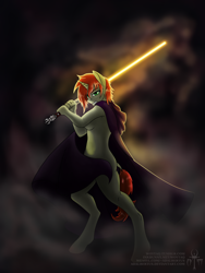 Size: 1200x1600 | Tagged: safe, artist:adalbertus, oc, oc only, oc:amber drop, unicorn, anthro, unguligrade anthro, cloak, clothes, female, lightsaber, nudity, sith, solo, star wars, strategically covered, weapon