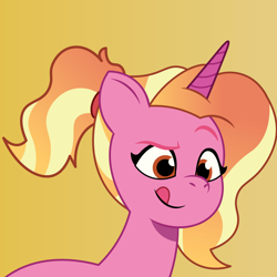 Size: 900x900 | Tagged: safe, artist:prixy05, luster dawn, pony, unicorn, g4, g5, my little pony: tell your tale, :p, bust, female, g4 to g5, generation leap, mare, orange background, portrait, simple background, solo, tongue out