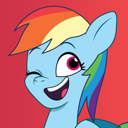 Size: 900x900 | Tagged: safe, artist:prixy05, rainbow dash, pegasus, pony, g4, g5, my little pony: tell your tale, bust, female, g4 to g5, generation leap, mare, one eye closed, portrait, red background, simple background, solo, wink