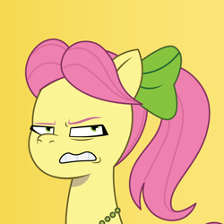 Size: 900x900 | Tagged: safe, artist:prixy05, posey bloom, earth pony, pony, g5, my little pony: tell your tale, annoyed, bow, bust, gradient background, gritted teeth, hair bow, irritated, portrait, posey bloom is not amused, resting bitch face, solo, teeth, unamused