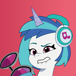 Size: 900x900 | Tagged: safe, artist:prixy05, dj pon-3, vinyl scratch, pony, unicorn, g4, g5, my little pony: tell your tale, bust, female, g4 to g5, generation leap, glasses, glasses off, gradient background, headphones, horn, lip bite, mare, portrait, solo, teeth, vinyl's glasses
