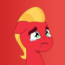 Size: 900x900 | Tagged: safe, artist:prixy05, sprout cloverleaf, pony, g5, my little pony: tell your tale, bust, crying, male, portrait, red, red background, sad, sad sprout, simple background, solo, stallion, teary eyes