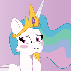 Size: 900x900 | Tagged: safe, artist:prixy05, princess celestia, alicorn, pony, g4, g5, my little pony: tell your tale, blushing, bust, cute, cutelestia, ethereal mane, female, flowing mane, g4 to g5, generation leap, gradient background, hoof shoes, looking back, mare, portrait, solo, wavy mouth