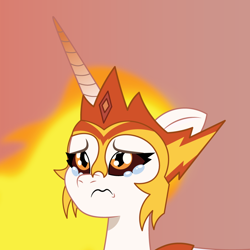 Size: 900x900 | Tagged: safe, artist:prixy05, daybreaker, alicorn, pony, g4, g5, my little pony: tell your tale, bust, crying, female, g4 to g5, generation leap, mane of fire, mare, portrait, red background, sad, simple background, solo