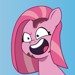 Size: 900x900 | Tagged: safe, artist:prixy05, pinkie pie, earth pony, pony, g4, g5, my little pony: tell your tale, blue background, bust, eyebrows, female, g4 to g5, generation leap, mare, not blood, open mouth, open smile, pinkamena diane pie, portrait, raised eyebrow, simple background, smiling, solo, teeth