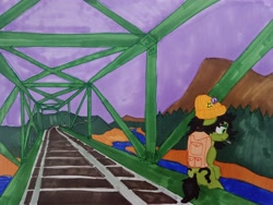 Size: 3740x2818 | Tagged: safe, artist:dhm, oc, oc:filly anon, pony, backpack, beanie, bridge, buttons, cigarette, evening, female, filly, hat, marker drawing, mountain, pen drawing, railroad, river, sad, shore, sitting, smoking, solo, traditional art, water
