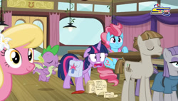 Size: 1447x821 | Tagged: safe, screencap, cup cake, lily, lily valley, maud pie, mudbriar, spike, twilight sparkle, alicorn, dragon, a trivial pursuit, g4, anti-zionism, bag, censored, floppy ears, quill, saddle bag, scroll, spacetoon, twilight sparkle (alicorn), winged spike, wings