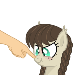 Size: 1050x1050 | Tagged: safe, artist:r4hucksake, oc, oc only, oc:cookie cream, bat pony, pony, blushing, boop, braid, freckles, hand, scrunchy face, simple background, solo, transparent background