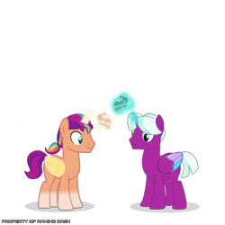 Size: 3600x3600 | Tagged: safe, artist:ramixe dash, opaline arcana, sunny starscout, alicorn, series:make your tale, g4, g5, artificial horn, artificial wings, augmented, cake, duo, duo male, food, g5 to g4, generation leap, glowing, glowing horn, horn, levitation, magic, magic horn, magic wings, male, mane stripe sunny, orange body, purple body, race swap, rule 63, shadow, simple background, stallion, striped mane, sun starchaser, sunnycorn, telekinesis, transparent background, white background, wings, zane arcana