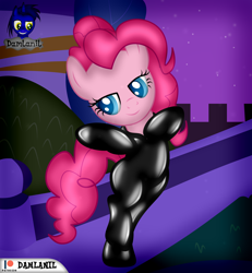 Size: 3840x4154 | Tagged: safe, artist:damlanil, pinkie pie, earth pony, pony, g4, bipedal, bodysuit, bush, catsuit, clothes, female, horn, latex, latex suit, mare, pose, raised hoof, rubber, shiny, show accurate, solo, spy, spy suit, standing, standing on one leg, suit, vector