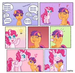Size: 4500x4406 | Tagged: safe, artist:kurisumuffins, pinkie pie, scootaloo, pegasus, g3, g4, ^^, adopted offspring, alternate design, alternate universe, autism, autistic scootaloo, blue background, comforting, comic, crying, cute, eyes closed, fancomic, female, filly, foal, heart, heart eyes, hug, lavender background, mother and child, mother and daughter, neurodivergent, parent:pinkie pie, pink background, red background, simple background, wingding eyes