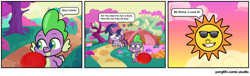 Size: 2880x880 | Tagged: safe, edit, editor:luckydog416, spike, twilight sparkle, alicorn, dragon, pony, g4, g4.5, my little pony: pony life, comic, episode needed, frisbee, male, sun, twilight sparkle (alicorn)