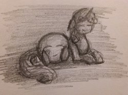 Size: 640x475 | Tagged: safe, artist:necrohorse, sweetie belle, fanfic:a sweetie dream land, g4, eyes closed, kirby, kirby (series), pencil drawing, traditional art
