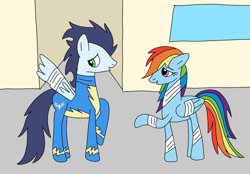 Size: 1033x720 | Tagged: safe, artist:dasher666, artist:rita-and-skipper, edit, rainbow dash, soarin', pegasus, pony, g4, clothes, female, injured, male, mare, ship:soarindash, shipping, stallion, straight, uniform, wonderbolts uniform