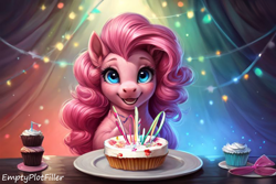 Size: 768x512 | Tagged: safe, ai assisted, ai content, artist:emptyplotfiller, pinkie pie, earth pony, pony, g4, cake, cupcake, food, gift art, solo