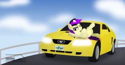 Size: 2547x1327 | Tagged: safe, artist:ponyrailartist, oc, oc only, pony, broken horn, car, ford mustang, horn, looking at you