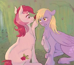 Size: 1600x1400 | Tagged: safe, artist:abbytabbys, derpy hooves, roseluck, earth pony, pegasus, pony, g4, blushing, cloven hooves, derpyluck, duo, duo female, female, flower, flower in hair, lesbian, looking at each other, looking at someone, mare, raised hoof, shipping, sitting, smiling, smiling at each other