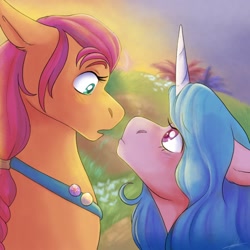 Size: 1280x1280 | Tagged: safe, artist:abbytabbys, izzy moonbow, sunny starscout, earth pony, pony, unicorn, g5, duo, duo female, female, lesbian, looking at each other, looking at someone, pins, scene interpretation, ship:moonscout, shipping, staring contest