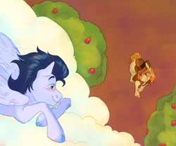 Size: 1800x1500 | Tagged: safe, artist:abbytabbys, braeburn, soarin', earth pony, pegasus, pony, g4, apple, apple tree, blushing, cloud, colored hooves, folded wings, gay, looking at each other, looking at someone, looking up, male, on a cloud, ship:soarburn, shipping, sitting, sitting on a cloud, smiling, smiling at each other, tree, unshorn fetlocks, wings