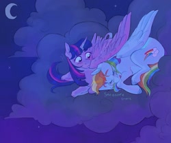 Size: 1800x1500 | Tagged: safe, artist:abbytabbys, rainbow dash, twilight sparkle, alicorn, pegasus, pony, g4, cloud, colored hooves, duo, duo female, female, lesbian, mare, night, on a cloud, ship:twidash, shipping, sitting, sitting on a cloud, sleeping, sleeping on a cloud, snoring, twilight sparkle (alicorn)
