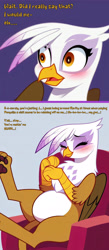 Size: 2000x4576 | Tagged: safe, ai assisted, ai content, artist:rupert, generator:pony diffusion v6 xl, generator:stable diffusion, prompter:rupert, gilda, griffon, series:ask white belly gilda, g4, ask, belly, blushing, chair, cute, dialogue, eyes closed, female, gildadorable, high res, moi, pale belly, paw pads, paws, plump, prench, shrunken pupils, sitting, smiling, solo, tumblr, underpaw, white belly
