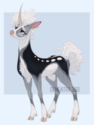 Size: 1200x1600 | Tagged: safe, artist:dementra369, oc, oc only, deer, deer pony, hybrid, original species, pony, unicorn, adoptable, butt fluff, chest fluff, cloven hooves, coat markings, curly hair, deer nose, ear piercing, earring, female, jewelry, nose piercing, piercing, septum piercing, solo, watermark