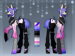 Size: 2560x1906 | Tagged: safe, artist:viskarisks, oc, oc only, unnamed oc, earth pony, pony, adoptable, adopted, auction, clothes, concave belly, dark magic, gradient background, gradient legs, gray background, hair bun, lanky, long legs, magic, pants, raised hoof, reference, simple background, skinny, solo, sword, tall, thin, weapon