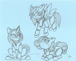 Size: 748x599 | Tagged: safe, artist:mossfox, earth pony, pegasus, pony, robot, robot pony, unicorn, monochrome, trio