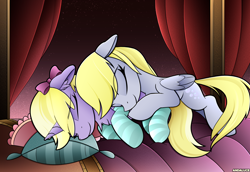 Size: 2480x1711 | Tagged: safe, artist:andaluce, derpy hooves, dinky hooves, pegasus, pony, unicorn, g4, bed, bow, clothes, cuddling, cute, daaaaaaaaaaaw, equestria's best mother, female, filly, foal, hair bow, mare, sleeping, socks, striped socks