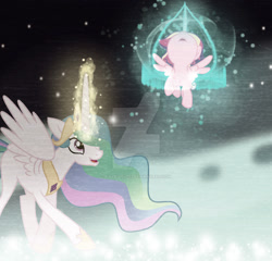Size: 1280x1227 | Tagged: safe, artist:hate-love12, princess cadance, princess celestia, pony, g4, deviantart watermark, female, filly, filly cadance, magic, obtrusive watermark, watermark, younger