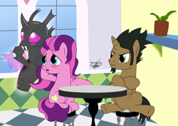 Size: 7015x4960 | Tagged: safe, artist:gabriel18017, oc, oc only, oc:stubborn brave, oc:tibia, changeling, earth pony, pony, unicorn, blushing, cafe, changeling oc, female, looking at someone, male, purple changeling, sitting, table, window