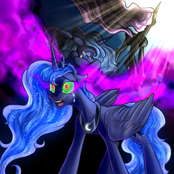 Size: 2000x2000 | Tagged: safe, artist:not-ordinary-pony, derpibooru exclusive, princess celestia, princess luna, alicorn, fall of the crystal empire, g4, crying, fear, female, glowing, glowing eyes, glowing mane, mare, pink-mane celestia, s1 luna, sombra eyes