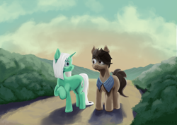 Size: 4000x2834 | Tagged: safe, artist:calebpedigo, oc, oc only, oc:rider dye, earth pony, pegasus, pony, unicorn, duo, glasses, high res, looking at each other, looking at someone, male, path, ponysona, round glasses, smiling, smiling at each other, stallion