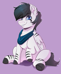Size: 2632x3192 | Tagged: safe, artist:witchtaunter, pegasus, pony, zebra, clothes, commission, male, purple background, scarf, simple background, sitting, solo, stallion