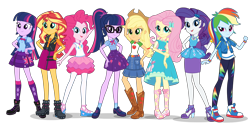Size: 3000x1576 | Tagged: safe, artist:invisibleink, edit, editor:cutler1228, applejack, fluttershy, pinkie pie, rainbow dash, rarity, sci-twi, sunset shimmer, twilight sparkle, human, equestria girls, g4, my little pony equestria girls: better together, official, belt, boots, clothes, converse, cowboy boots, cowboy hat, female, glasses, hat, high heel boots, humane five, humane seven, humane six, jacket, shirt, shoes, simple background, skirt, socks, transparent background, twolight, vest