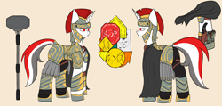 Size: 5586x2649 | Tagged: safe, artist:ashel_aras, oc, oc:red rocket, fallout equestria, fanfic:the tragic tale of red rocket, armor, armor skirt, cape, clothes, eyes open, fanfic, hammer, red eyes, shield, skirt, sledgehammer, traffic sign