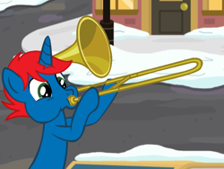 Size: 2048x1536 | Tagged: safe, artist:ry-bluepony1, oc, oc only, oc:train track, pony, unicorn, g4, male, musical instrument, solo, trombone