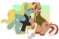 Size: 1210x808 | Tagged: safe, artist:lulubell, oc, oc only, oc:roulette, oc:sunny hymn, earth pony, pegasus, pony, fallout equestria, fallout equestria: red 36, bandage, blushing, chest fluff, clothes, colored hooves, duo, duo female, eyes closed, fanfic art, female, folded wings, gradient background, jacket, kiss on the lips, kissing, lesbian, mare, oc x oc, one eye closed, passepartout, ponytail, raised hoof, shipping, shirt, unshorn fetlocks, wings