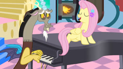 Size: 1192x670 | Tagged: artist needed, safe, edit, discord, fluttershy, draconequus, pegasus, pony, g4, chaos, duo, duo male and female, eyes closed, female, fireplace, male, mare, musical instrument, open mouth, open smile, piano, smiling