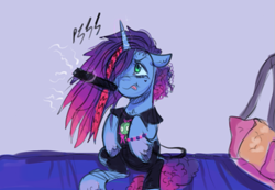 Size: 971x672 | Tagged: safe, artist:kreeeeeez, misty brightdawn, pony, unicorn, g5, alternate hairstyle, bed, chest fluff, clothes, colored hooves, coontails, cornrows, female, focused, hair straightener, kandi, magic, mare, on bed, rebirth misty, scene, shirt, solo, text, tongue out, unshorn fetlocks