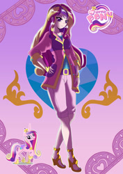 Size: 828x1169 | Tagged: safe, artist:cmacx, princess cadance, alicorn, human, pony, g4, clothes, cutie mark background, gradient background, hand on hip, humanized, jacket, shoes, solo