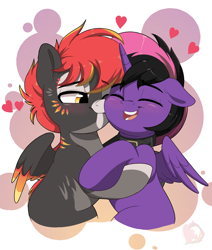 Size: 3232x3811 | Tagged: safe, artist:joaothejohn, oc, oc:hollow lantern, alicorn, pegasus, pony, alicorn oc, blushing, cheek kiss, choker, commission, couple, cute, eyes closed, floppy ears, heart, holiday, horn, kissing, lidded eyes, multicolored hair, pegasus oc, shipping, simple background, smiling, valentine's day, wings, ych result