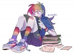 Size: 1759x1289 | Tagged: safe, artist:zoe1003, rainbow dash, human, g4, ass, book, butt, clothes, humanized, multicolored hair, rainbow hair, rainbow socks, reading, shorts, simple background, sitting, smiling, socks, solo, striped socks, white background