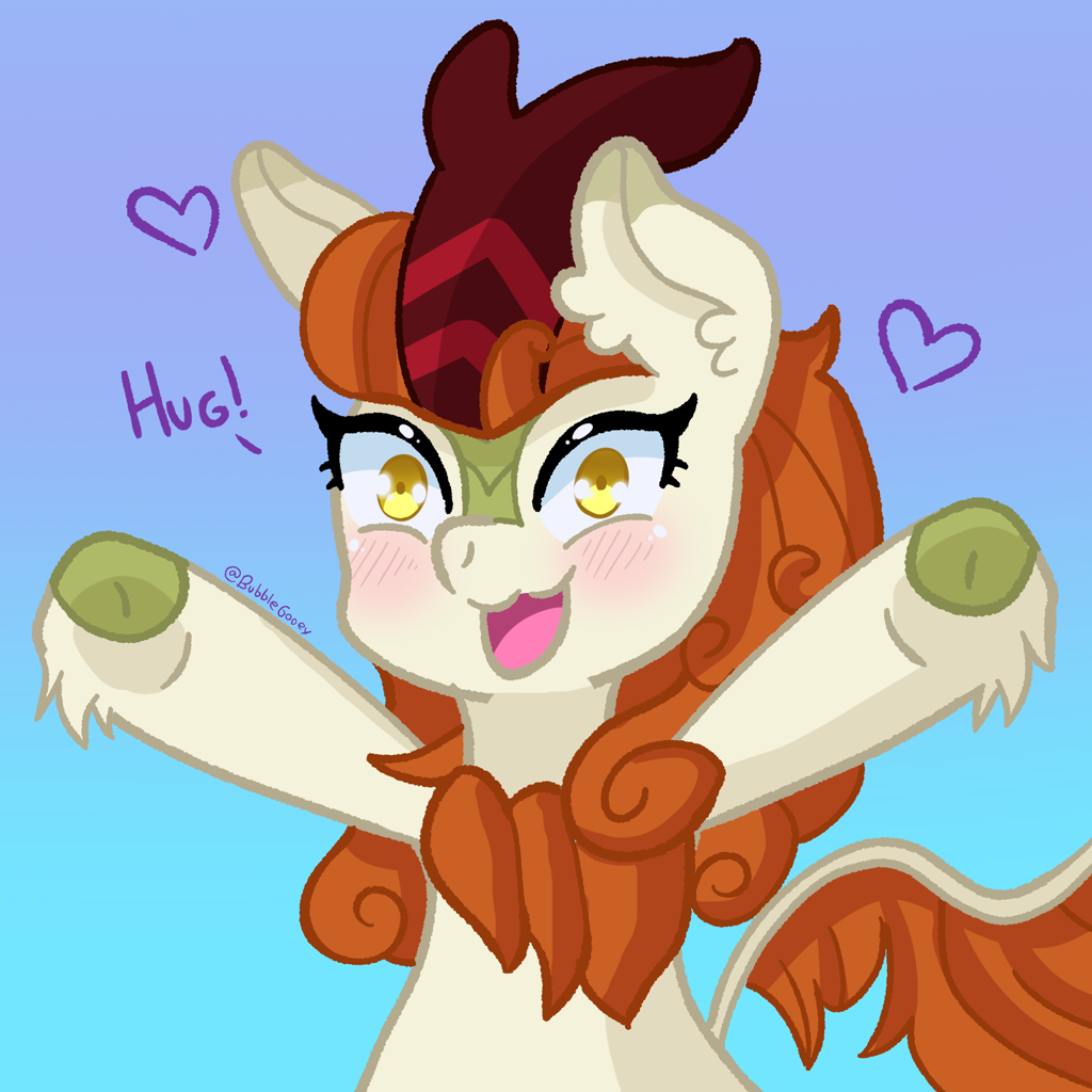 [:3,adorable face,blushing,bronybait,bust,cloven hooves,cute,daaaaaaaaaaaw,excited,female,g4,heart,high res,horn,hug,incoming hug,kirin,looking at you,open mouth,raised hoof,safe,scales,signature,solo,talking,talking to viewer,text,ear fluff,yellow eyes,curly hair,gradient background,smiling,offscreen character,floating heart,orange mane,hoof fluff,open smile,autumn blaze,awwtumn blaze,kirinbetes,artist:bubblegooey]