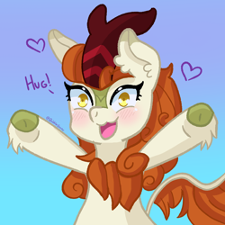 Size: 2000x2000 | Tagged: safe, artist:bubblegooey, autumn blaze, kirin, g4, :3, adorable face, awwtumn blaze, blushing, bronybait, bust, cloven hooves, curly hair, cute, daaaaaaaaaaaw, ear fluff, excited, female, floating heart, gradient background, heart, high res, hoof fluff, horn, hug, incoming hug, kirinbetes, looking at you, offscreen character, open mouth, open smile, orange mane, raised hoof, scales, signature, smiling, solo, talking, talking to viewer, text, yellow eyes